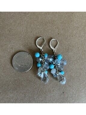 Blue Crystal Cluster Dangle Earings Turquoise Style Beads Silver Tone Leverback